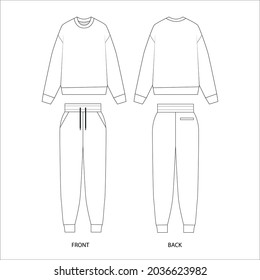 Joggers And Sweatshirt Set Vector. Jersey Tracksuit Template. Knitted Jogging Suit. Joggers Technical Drawing. Jacket Template Vector.