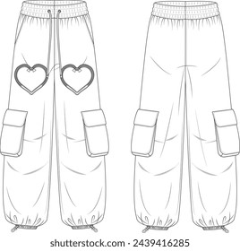 Pantalones deportivos para mujer de cintura alta, pantalones laterales de bolsillo de carga para mujer. Joggers técnica plana boceto ilustración de moda con cintura elástica. Vista frontal y posterior. Pantalones planos de boceto vector.