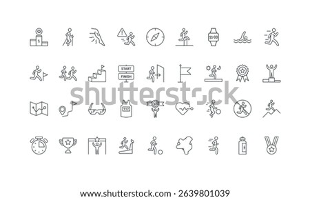Jogging, active movement of runner, sport walk, escape thin black outline symbols vector illustration. Marathon, race and cross country running, cardio training on treadmill line icon set.