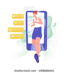 Jogging athlete, sprinter or sportsman walking out of smartphone and health indicators. GPS running tracking. Mobile app for sports activity, fitness training or workout. Flat vector illustration.