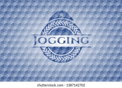 Jogging blue badge with geometric background. Vector Illustration. Detailed.