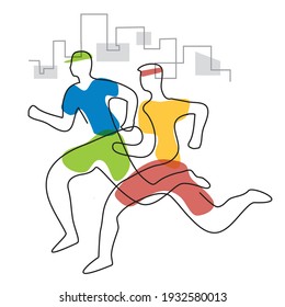 Jogging in der Stadt, Marathonläufer. 
Illustration der Läufer mit kontinuierlicher Linienzeichnung. Vektorgrafik verfügbar. Vektorgrafik verfügbar.