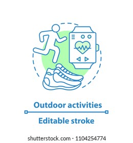Jogging concept icon. Outdoor activities idea thin line illustration. Running. Sneaker, sprinter, sports bracelet. Vector isolated outline drawing. Editable stroke