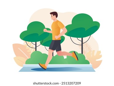 Jogging concept with people scene in the flat cartoon style. A young man runs in a green park on a sunny day, the trees provide a peaceful background while he does his exercises. Vector illustration.