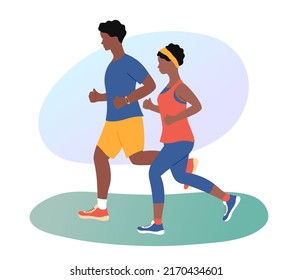 Jogging couple. African american persons man and woman running outdoors. Friends jog together. Healthy lifestyle and fitness concept. Flat vector illustration. 