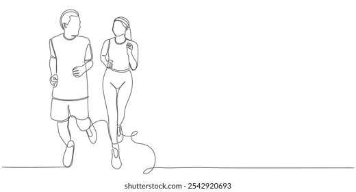 Jogging Couple line art style vector illustration