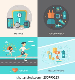 Jogging design concept set with metrics gear healthy food flat icons isolated vector illustration