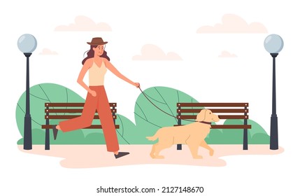 Jogging with dog. Girl walking in park with her pet. Active lifestyle and sports. Fresh air and daily routine, love for animals. Weekend and city or town park. Cartoon flat vector illustration