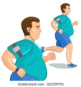 Jogging fat man, loss weight cardio training with smart device. Vector illustration 