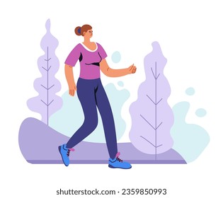 Caracter femenino trotando en bosques o bosques. Mujer deportiva con ropa deportiva que se mantiene en forma y pierde peso. Estilo de vida activo y cuidado de la salud y el bienestar. Vector de estilo plano