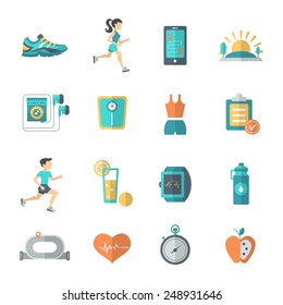 Jogging and fitness icons flat set with stopwatch apple bottle isolated vector illustration