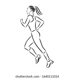 Jogging girl. healthy training. vector sketch illustration.