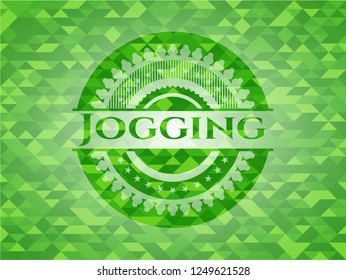 Jogging green emblem. Mosaic background