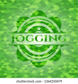 Jogging green emblem with triangle mosaic background
