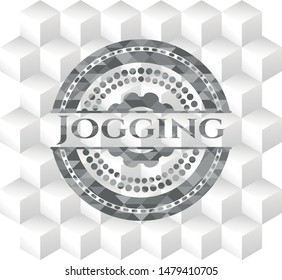 Jogging grey badge with geometric cube white background