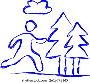 jogging icon in doodle style. blue line scribble icon	