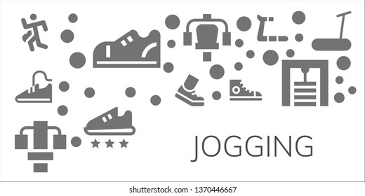 jogging icon set. 11 filled jogging icons.  Collection Of - Run, Sneakers, Sport shoes, Running, Gym station, Sport shoe, Treadmill