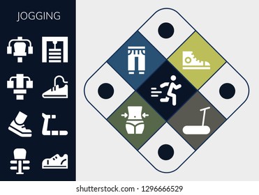  jogging icon set. 13 filled jogging icons. Simple modern icons about  - Runner, Exercise, Sneakers, Running, Treadmill, Gym station, Sport shoes, Sweatpants, Fitness