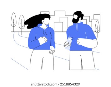 Correndo ilustrações isoladas do vetor de desenhos animados. Casal feliz correndo junto , estilo de vida saudável e ativo na adolescência, estudantes universitários correndo ao ar livre, treinando na manhã vetorial cartoon.