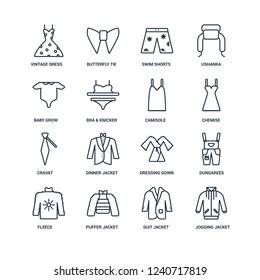 jogging jacket, suit puffer Fleece, Dungarees, vintage dress, Baby Grow, Cravat, Camisole outline vector icons from 16 set