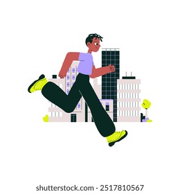 Jogging male in front of an urban cityscape, symbolizing fitness, physical activity, and a healthy lifestyle, flat vector illustration isolated on white background.