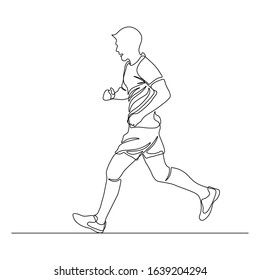 Jogging man in continuous line art drawing style. Runner black linear sketch isolated on white background. Vector illustration