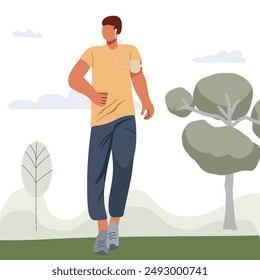 Jogging man. Jogger running in park, outdoor. Male runner, workout. Cardio sport exercise for endurance. Person training. Healthy lifestyle. Flat vector illustration isolated on white background