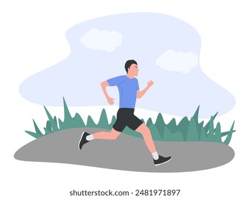 Jogging man, outdoor workout. Young runner athlete doing athletics at the park. Concept of healthy lifestyle. Male runner training isolated on white background. Colored flat vector illustration