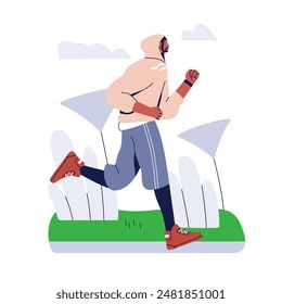 Jogging man in park. Runner during cardivascular workout. Active cardio exercise, running. Jogger exercising endurance outdoors in nature. Flat vector illustration isolated on white background