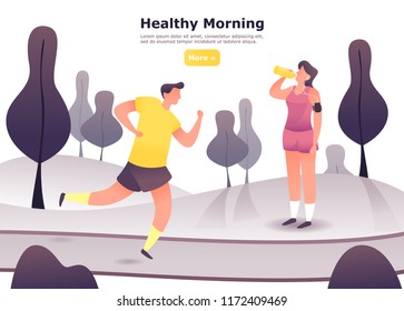 Jogging man at  park and woman in headphones after running. People at cardio exercise, male and female at run or vitality training. Sport and healthy lifestyle,aerobics theme.Sport club banner