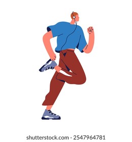 Jogging man running with headphones, cardio sport workout. Active healthy jogger, runner listening to music. Endurance training, exercising. Flat vector illustration isolated on white background