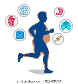 Jogging man, running infographic elements, loss weight cardio training. Vector illustration.