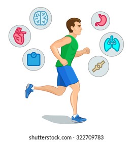 Jogging man, running infographic elements, loss weight cardio training. Vector illustration