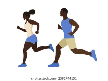 Jogging. A man and a woman are running. A married couple plays sports.