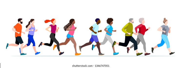  Jogging men women.Runners prepare for sport competition marathon health running in morning. Vector illustration. 