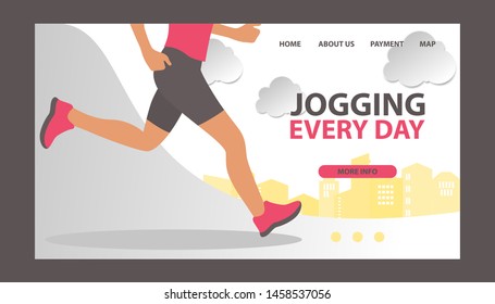 Jogging at morning and running man vector web template. Runner is engaged in fitness and active healthy lifestyle. Run and jogging every day.