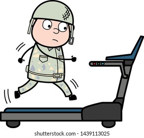 Jogging on Treadmill - Cute Army Man Cartoon Soldier Vector Illustration