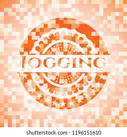 Jogging orange tile background illustration. Square geometric mosaic seamless pattern with emblem inside.