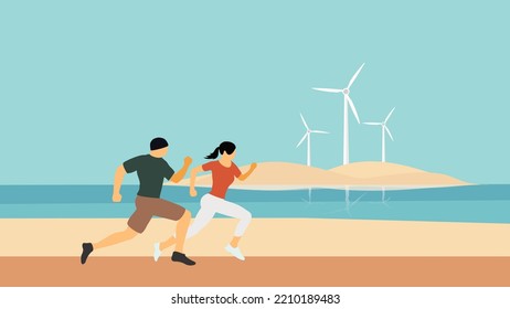 Jogging and outdoor sports activities. In the background the beach and the sea with wind turbines. Vector illustration.