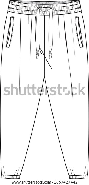 JOGGING\
PANTS fashion flat sketch, apparel template. High-waisted pants\
with adjustable drawstring elastic\
waistband.
