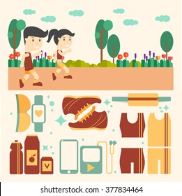 Jogging in the park and equipment cartoon vector illustrator design