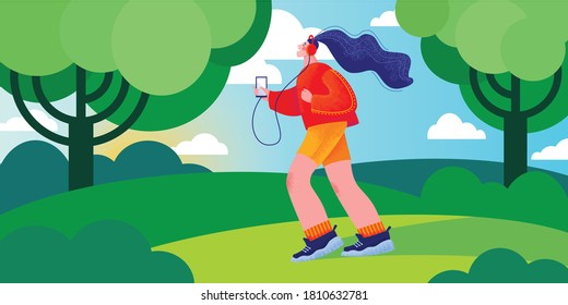 Jogging in the park young happy woman. Sport illustration. Vector modern trendy illustration in flat style and bright modern colours. Good for apps, social media, magazines, advertising design