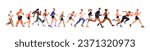 Jogging people group. Men, women crowd running. Many runners in line. Diverse joggers characters in motion, action. Sport exercise, marathon. Flat vector illustration isolated on white background