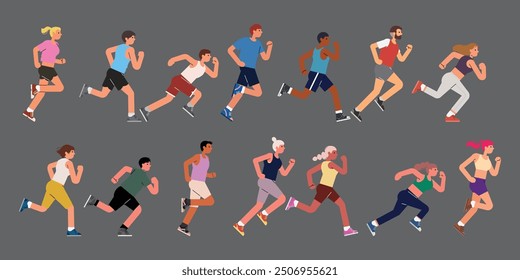 Jogging people group. Men, women crowd running. Many runners in line. Diverse joggers characters in motion, action. Sport exercise, marathon. Flat vector illustration isolated on grey background.