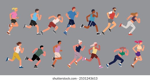 Grupo de gente que trota. Hombres, mujeres corriendo. Muchos corredores en la fila. Diversos personajes de joggers en movimiento, acción. Ejercicio deportivo, maratón. Ilustración vectorial plana aislada sobre fondo blanco.