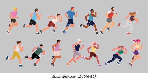 Jogging people group. Men, women crowd running. Many runners in line. Diverse joggers characters in motion, action. Sport exercise, marathon. Flat vector illustration isolated on grey background.