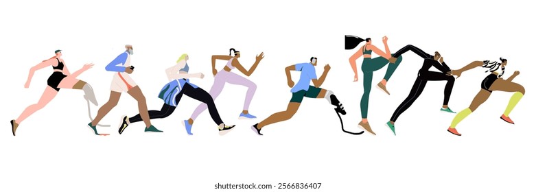 Jogging people group. Men, women crowd running. Many runners in line. Diverse joggers characters in motion, action. Sport exercise, marathon. Flat vector illustration isolated on white background.