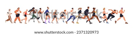 Jogging people group. Men, women crowd running. Many runners in line. Diverse joggers characters in motion, action. Sport exercise, marathon. Flat vector illustration isolated on white background