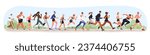 Jogging people group. Sport characters, many joggers team training in park together, running. Runners crowd exercising outdoors in nature. Flat vector illustration isolated on white background