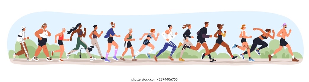 Jogging people group. Sport characters, many joggers team training in park together, running. Runners crowd exercising outdoors in nature. Flat vector illustration isolated on white background